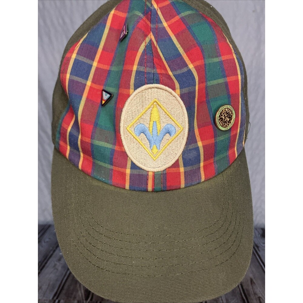 VTG Boy Scouts of America Hat M/L + 3 Pins Plaid Green M/L Adjustable
